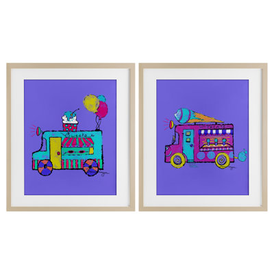 Vibrant Summer Ice Cream Trucks 2pc Framed Print Under Glass Set, design by Susan Lugar