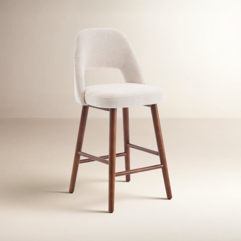 Tabouret de comptoir rembourré en similicuir Ryden avec pieds en bois, Chenille beige