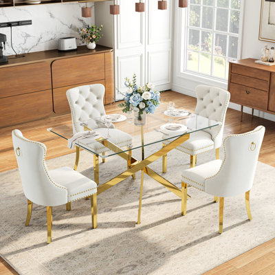 50" Rectangular Glass Dining Table Set of 5, Rectangular Tempered Glass Dining Table with 4 Velvet Upholstered Nailhead Chairs for Small Spaces