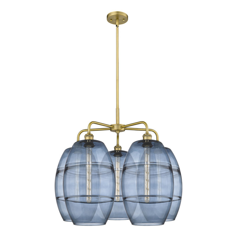 Lustre rond / ovale à abat-jour 5 lumières, Bleu princesse, Laiton brossé, H 24 po x l 28 po x P 28 po