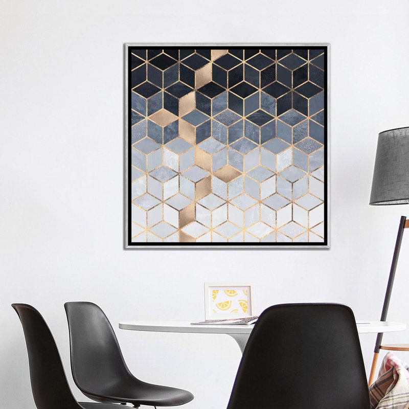 «Soft Blue Cubes» par Elisabeth Fredriksson - impression d'art graphique, Toile avec cadre argenté