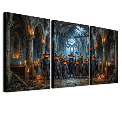 Ensemble de 3 toiles murales représentant des sorcières à tête de citrouille dans un décor d'Halloween sombre et dévasté