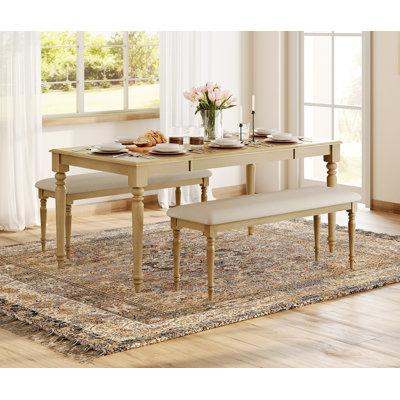 Dining Table Set - Includes One Dining Table, Two Upholstered Benches, Farmhouse Dining Set, Oak by Alcott Hill
