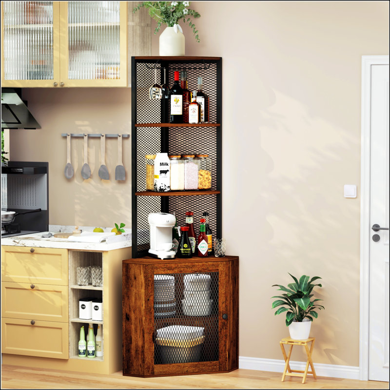 Tablette d'angle avec portes, armoire autoportante de 65 pouces avec tablettes et porte-verres à vin, bibliothèque à 6 niveaux pour la cuisine et le salon