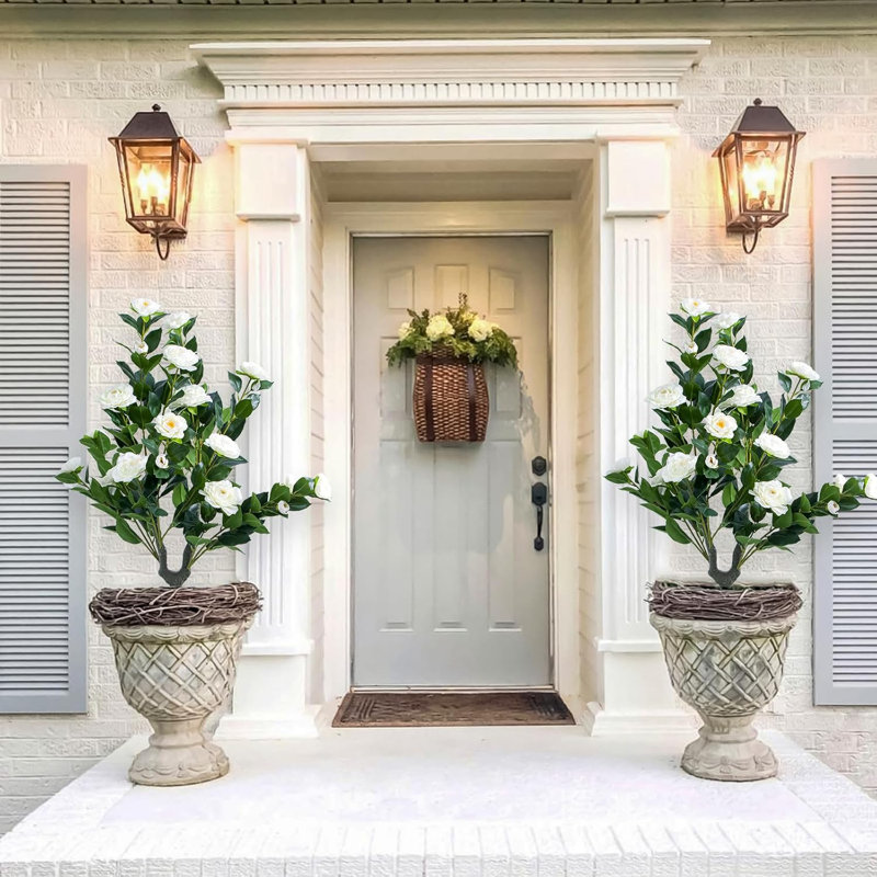 Arbre à fleurs artificielles 35,4 "avec épi de sol, arbres topiaires en soie artificielle, paquet de 2, Blanc