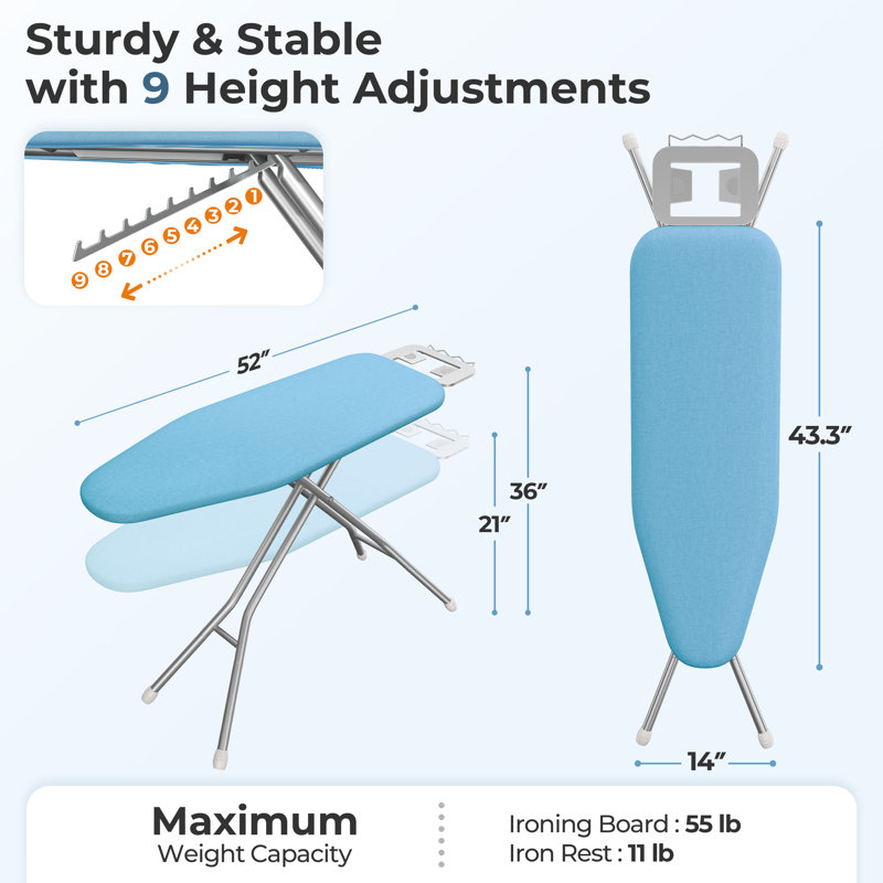 Table à repasser à hauteur réglable avec 4 pieds, Bleu