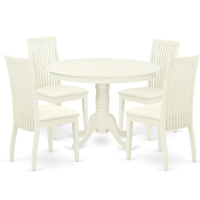 5 Piece Dining Set Includes a Round Dining Room Table with Pedestal and 4 Linen Fabric Upholstered Chairs, Linen White  