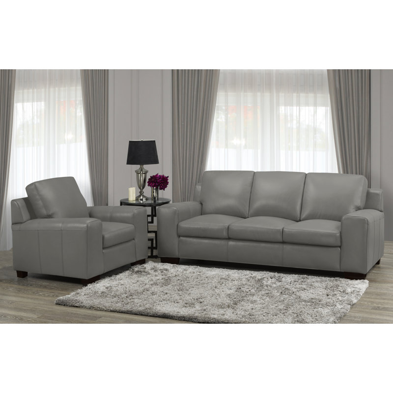 Canapé en cuir véritable 86 po Davontai, Cuir gris nuage