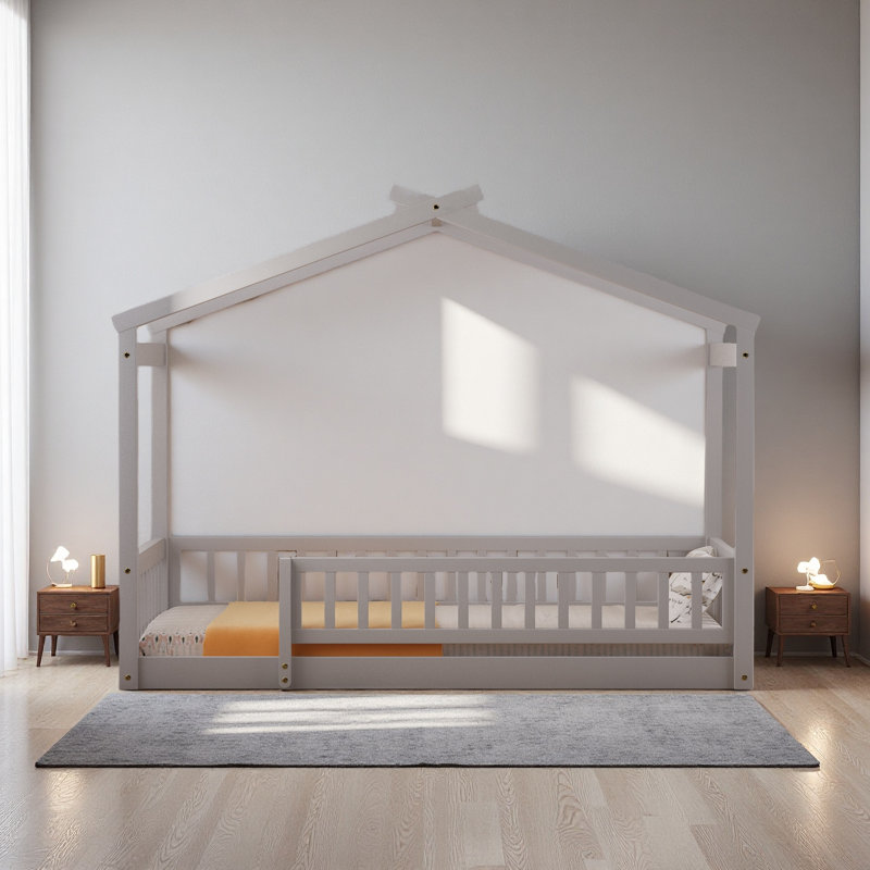 Cadre de lit en bois avec clôture, Lit simple, Gris