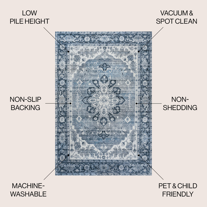 Sarok Ornate Medallion Machine-Washable Blue/Cream Rug, Rectangle 2'11" x 5'