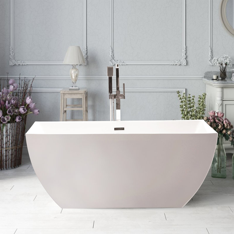 Lydia 59" x 30" Freestanding Soaking Bathtub, White/Classic Chrome