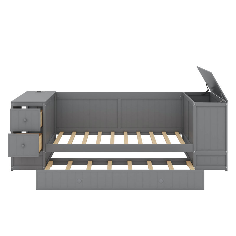 Lit de jour simple avec accoudoirs de rangement et support de charge, Gris