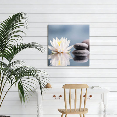 Zen Lotus Stone Scene, 16 X 16 Inch, Built-In Wooden Frame Wall Art