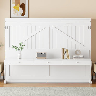 Queen Size Wall Murphy Bed with Storage, Vanity Desk, Center Mirror & 2 Side Drawers – Space-Saving White