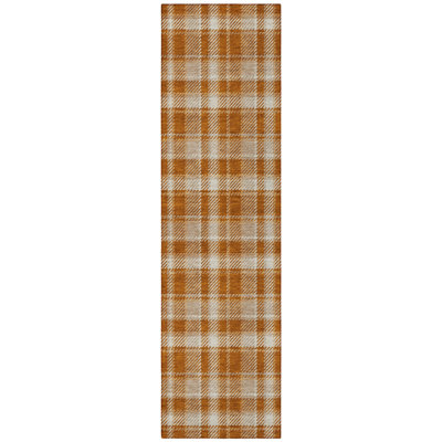 8' Runner Orange and Ivory Plaid Washable Non Skid Indoor Outdoor Runner Rug