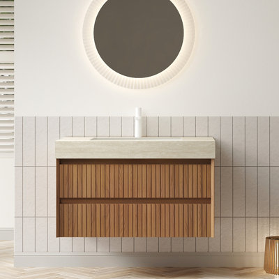 Meuble-lavabo 36 po avec lavabo sous-comptoir en céramique, armoire flottante rayée en contreplaqué, 2 tiroirs, - Pierre frittée à motif, pré-assemblé, abat-jour beige, fonctionnement silencieux avec rangement, lavabo,