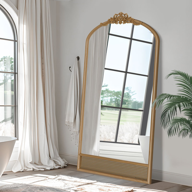 Cortia Arched Rattan and Wood Accent Mirror, 71" x 37"