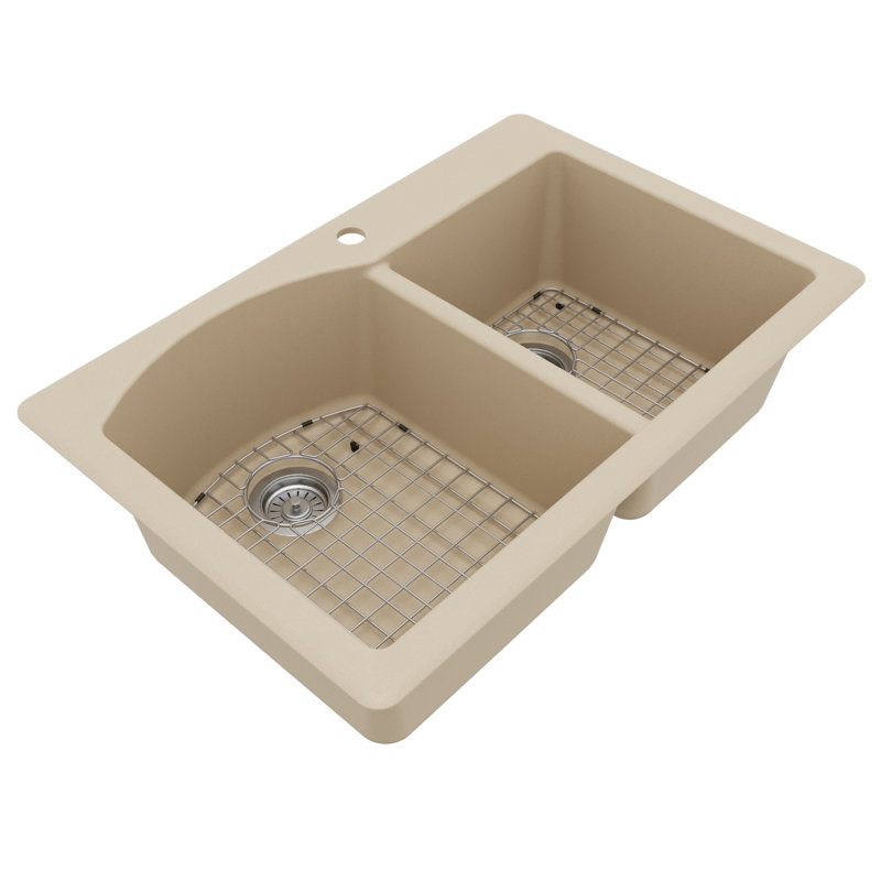 Karran Quartz 33'' X 22'' Double Bowl 60/40 Top Mount Drop-in Kitchen Sink Kit, Bisque