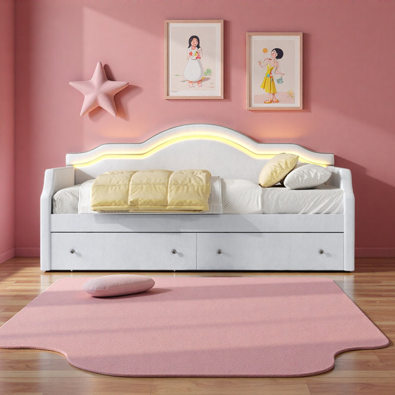 Lit de jour rembourré avec DEL et 2 tiroirs, Beige, Lit double