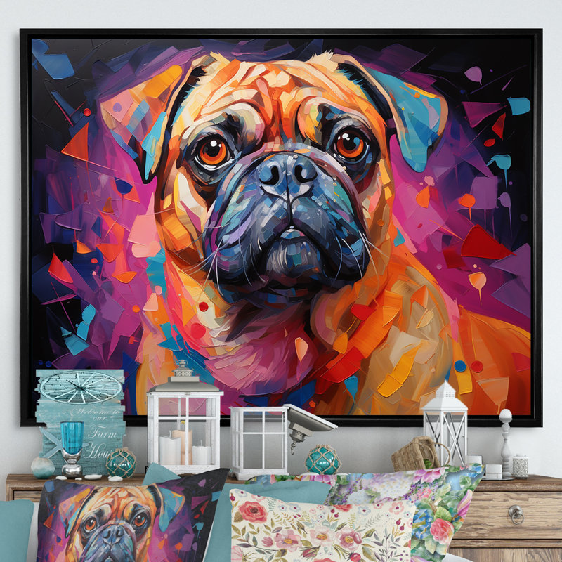 «Popart Pug Parade II», reproduction sur toile, Cadre flottant noir, H 34 po x l 44 po x P 1,5 po