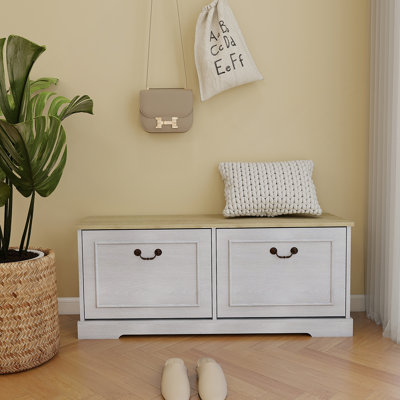 Banc de rangement pour chaussures avec 2 tiroirs rabattables et tablette réglable pour le vestibule, le couloir, la chambre à coucher - blanc antique