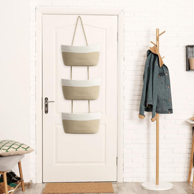 Over The Door Hanging Basket, 3-Tier Woven Cotton Wall-Mounted Storage Organizer Bag Decorative Hanging Kitchen Baskets - White + Jute