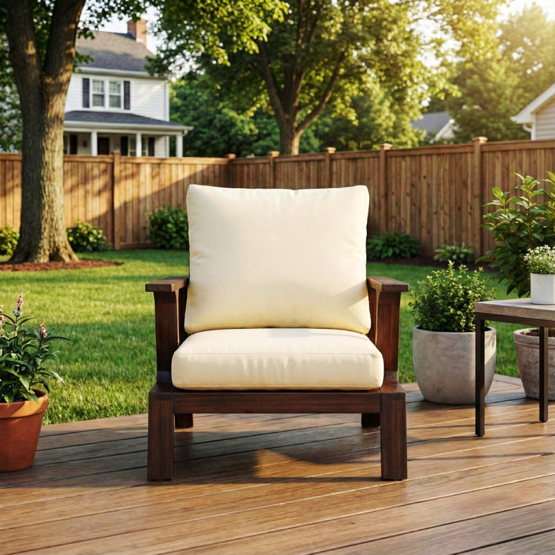 Méridienne d'extérieur en bois 27,6 pouces, structure brun foncé avec coussin beige, siège de loisirs pour patio, jardin et balcon