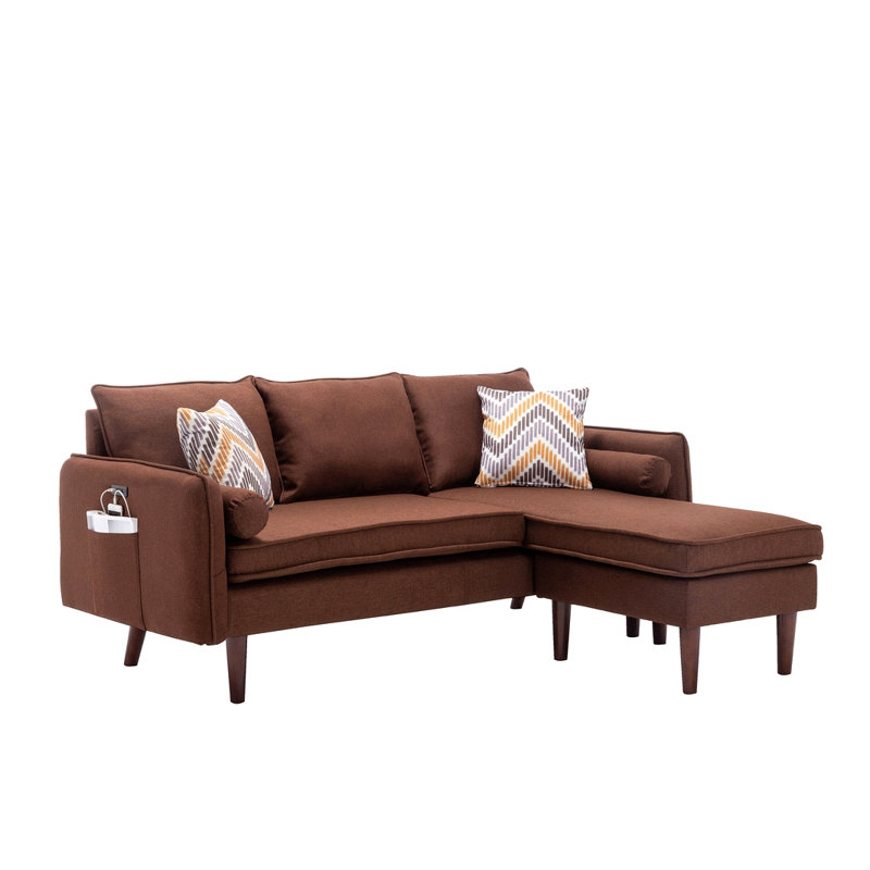 Mirella 70"W Brown Sectional Sofa Chaise With Usb Charger & Pillows