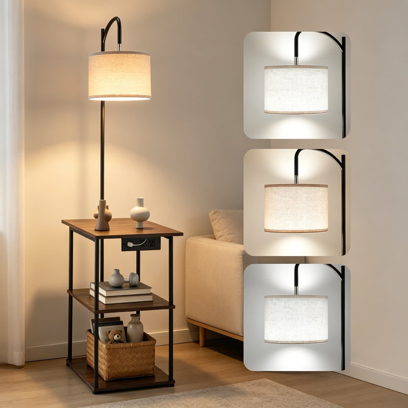 Lampe sur pied 3 en 1 avec table d'appoint - Table de bout réglable à 3 niveaux avec tablettes ouvertes, 3 lumières de température de couleur et ports de charge USB / Type-C / AC pour le salon, la chambre à coucher ou le dortoir