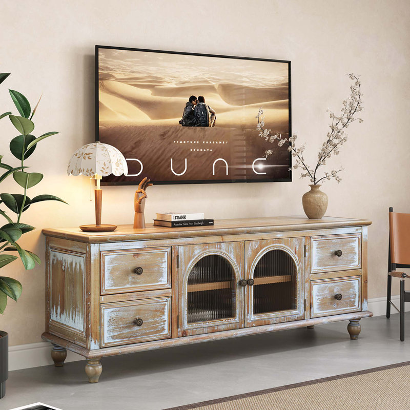 Meuble télé rustique avec tiroirs de rangement spacieux et portes en verre