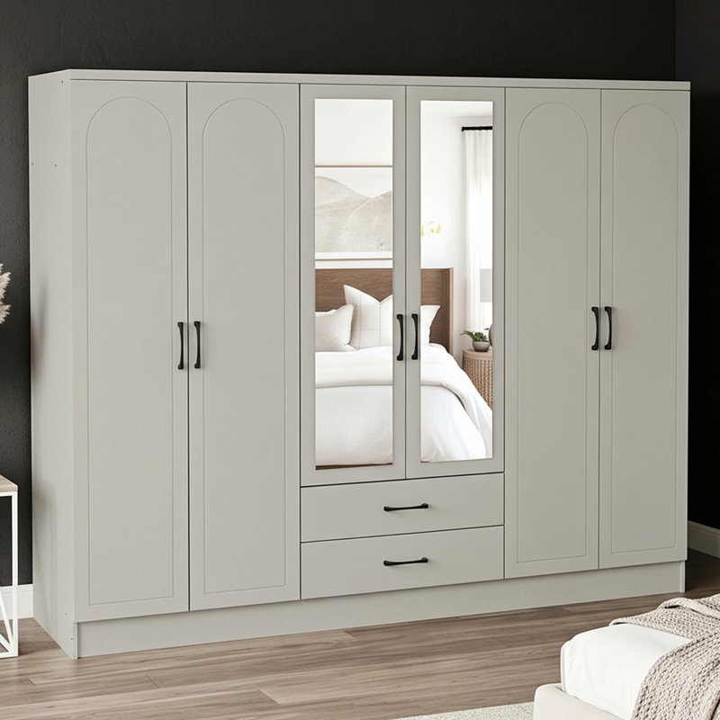 Millbury 6 Door 2 Drawer Wardrobe with Mirror, Light Grey