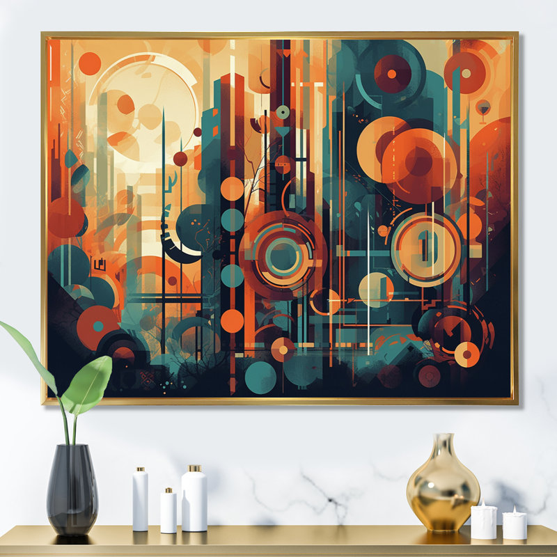 Braxtyn orange et bleu abstrait nostalgie II - art abstrait Mid-Century, H 30 po x l 40 po x P 1,5 po, Cadre flottant doré