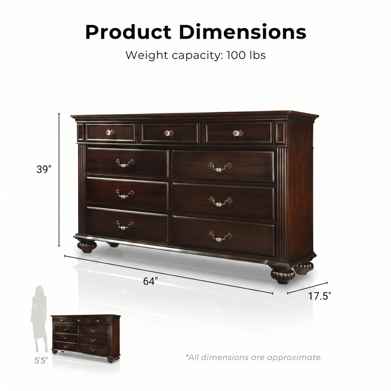 Aime 64''W 9-Drawer Wood Dresser, Dark Walnut