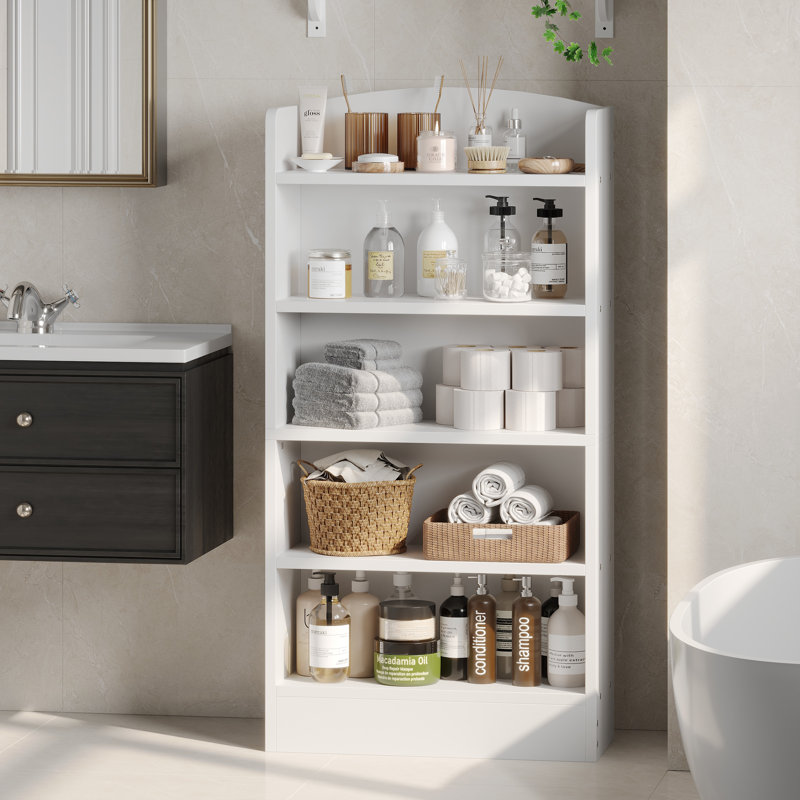 Bibliothèque moderne à 5 tablettes en bois, Blanc / Blanc