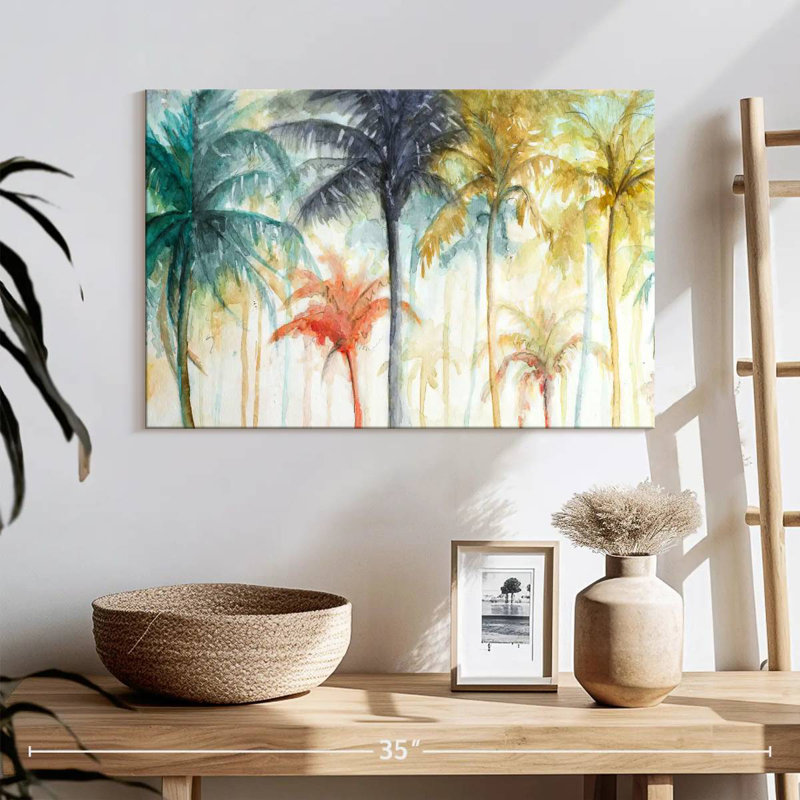 Aquarelle Harnek, palmiers d'été, H 16 po x l 24 po