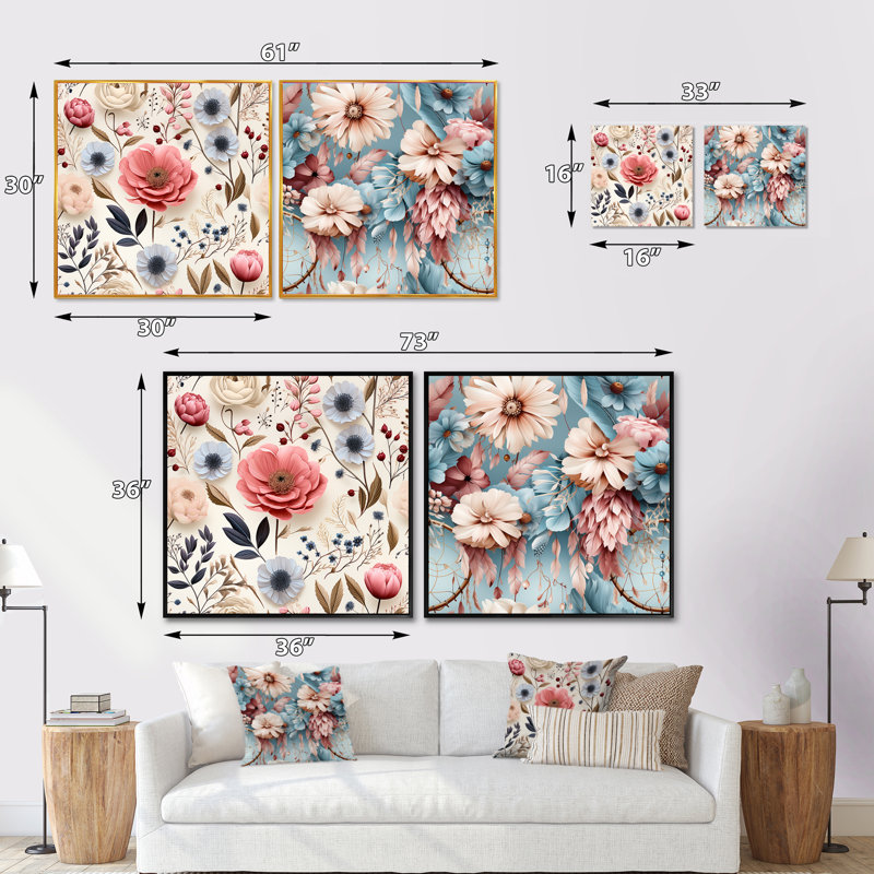 Arda - Ensemble de 2 collages carrés floraux, H 16 po x l 33 po, Cadre flottant blanc