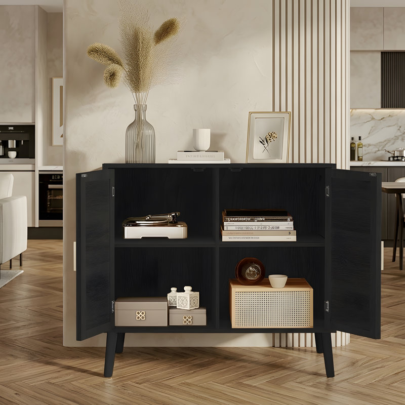Buffet avec rangement, meuble bas de salle de bain à deux portes et quatre compartiments, buffet avec pattes en bois massif pour couloir, entrée ou salon, noir