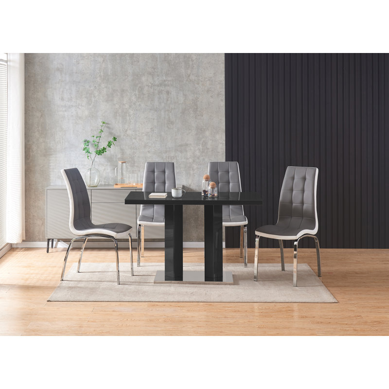 Rectangle Dining Table Set 4 Faux Leather Chairs, Black, Grey