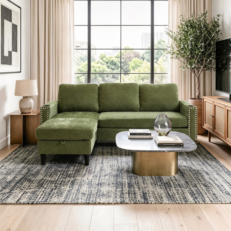 Upholstered L-Shaped 3-Seater Sectional Sofa with Footstool, Green