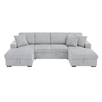 122" Corduroy Suqare Arm Sectional Sleeper Sofa U Shaped Sectional Sofa with Pull Out Sleeper Bed and Double Storage Chaise