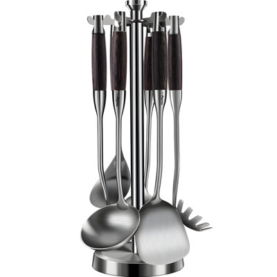 Stainless Steel Kitchen Utensil Set With Hanging Rack, Includes Spatula, Ladle, Slotted Spoon For Cooking And Serving