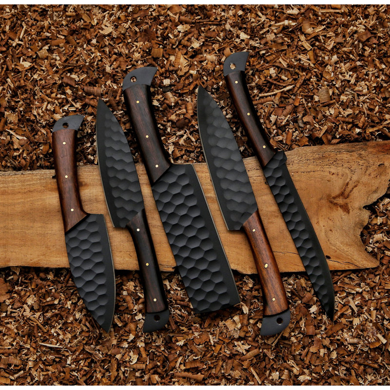 Kitchen Knife Set Hand Forged Carbon Steel Rose Wood Handle 5 Pcs Collection
