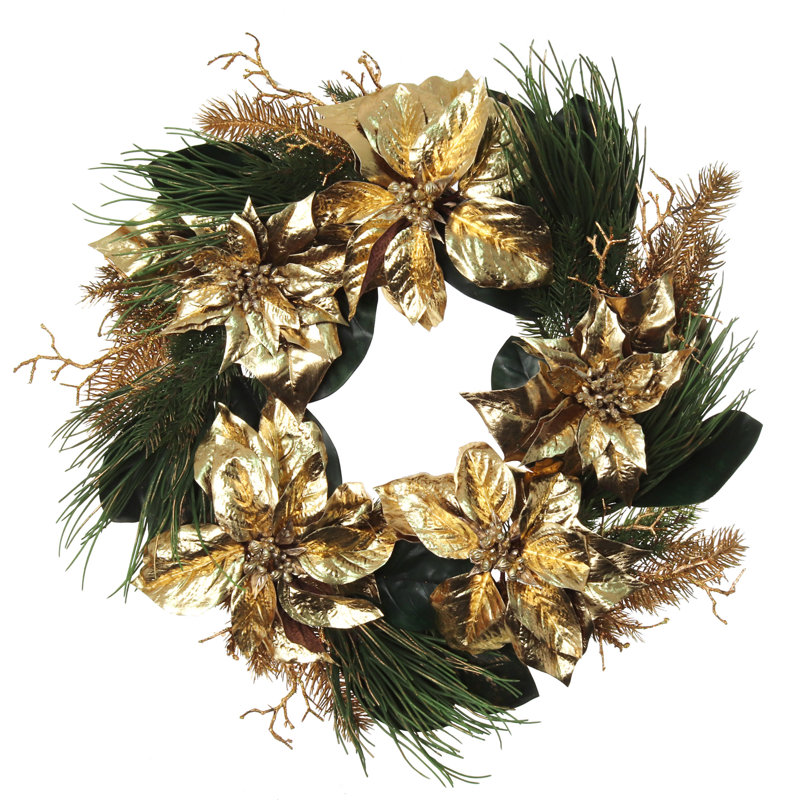 Couronne de pin avec pin poonsettias dorés, pomme de pin et feuille de magnolia de 26 po de hauteur
