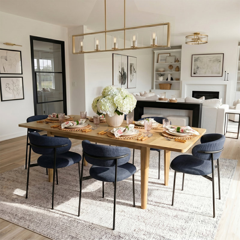 Modern 7-Piece Extendable Dining Set With Rectangular Wood Table And Upholstered Curved Back Chairs, Blue