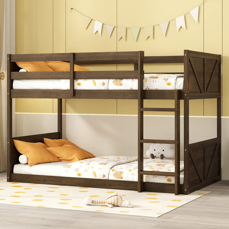 Bunk Bed with Panelled Headboard and Footboard, Solid Rubber Wood, Safety Guardrails, Built-in Ladder, Antique Dark Oak