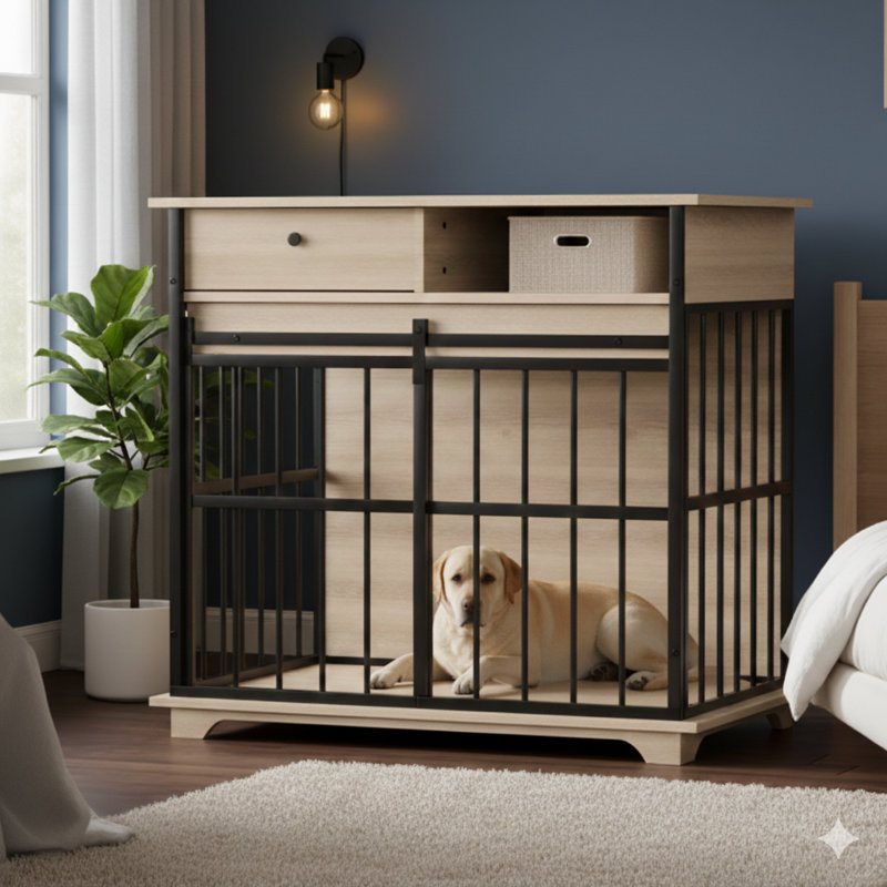 Cage pour chien conçue comme un meuble, grande cage canine avec plateau amovible pour chiens de taille moyenne à grande, chenil pour chien servant de meuble