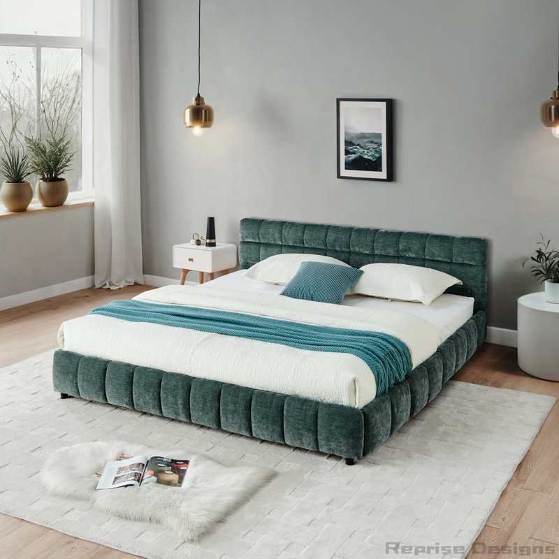 Chenille Upholstered Platform Bed Frame With drawer, Blue/Green