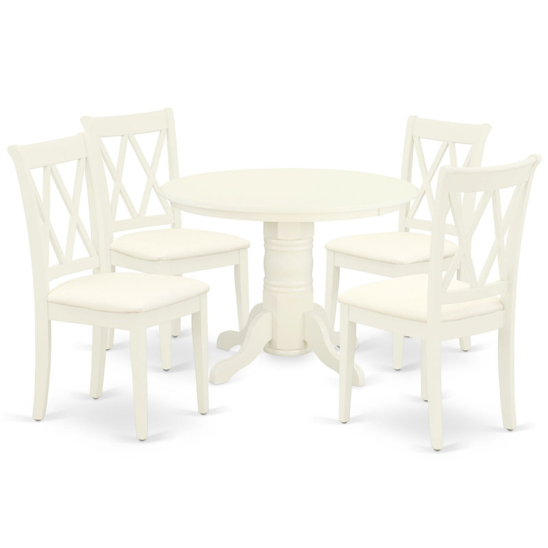 5 Piece Dining Room Table Set Includes a Round Kitchen Table with Pedestal and 4 Linen Fabric Dining Chairs, Linen White