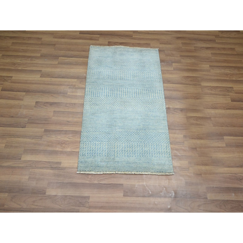 2 pi x 3 pi bleu clair, luxuriant et moelleux, échantillon, motif d'herbe moderne, ton sur ton, noué à la main, laine avec touche de soie, tapis oriental