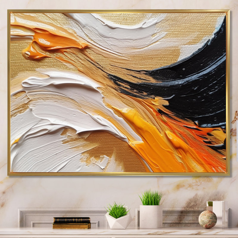 «Orange» et «Mystic Spirals» orange et noir, Cadre flottant doré, H 24 po x l 32 po x P 1 po